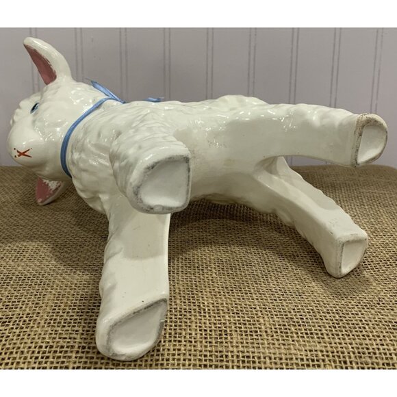 Vintage Ceramic Lamb Planter With Blue Bow & Pink Ears - Picture 7 of 7